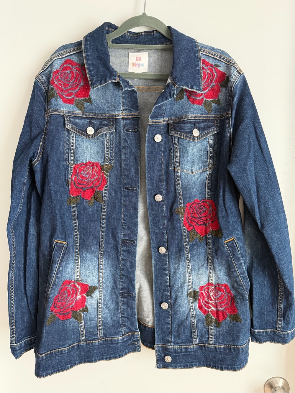 LuLaRoe Dark Blue Denim Jacket with Red Rose Embroidery
